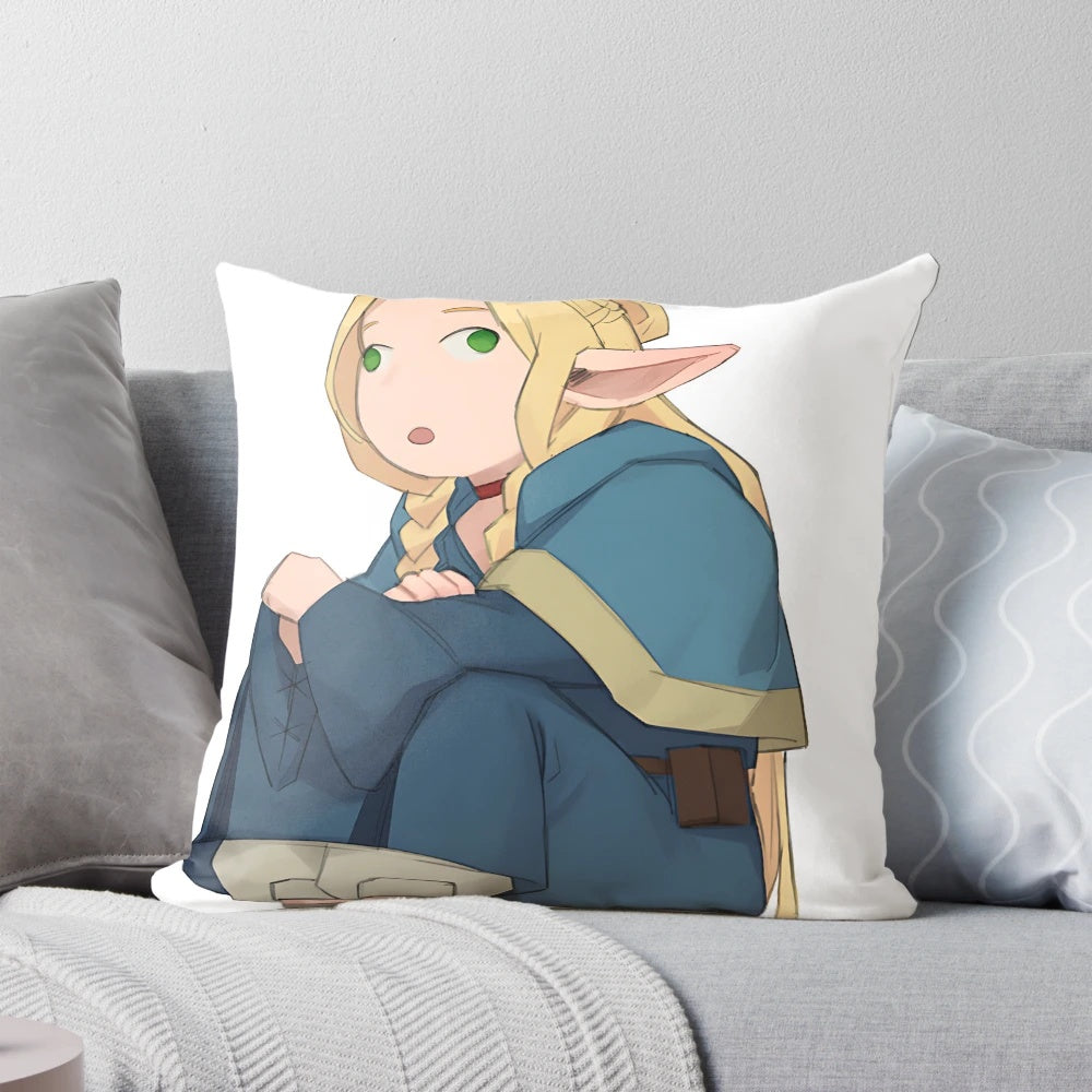 Soft, plush anime-inspired pillow featuring the character Marcille from the anime Dungeon Meshi, looking bewildered.