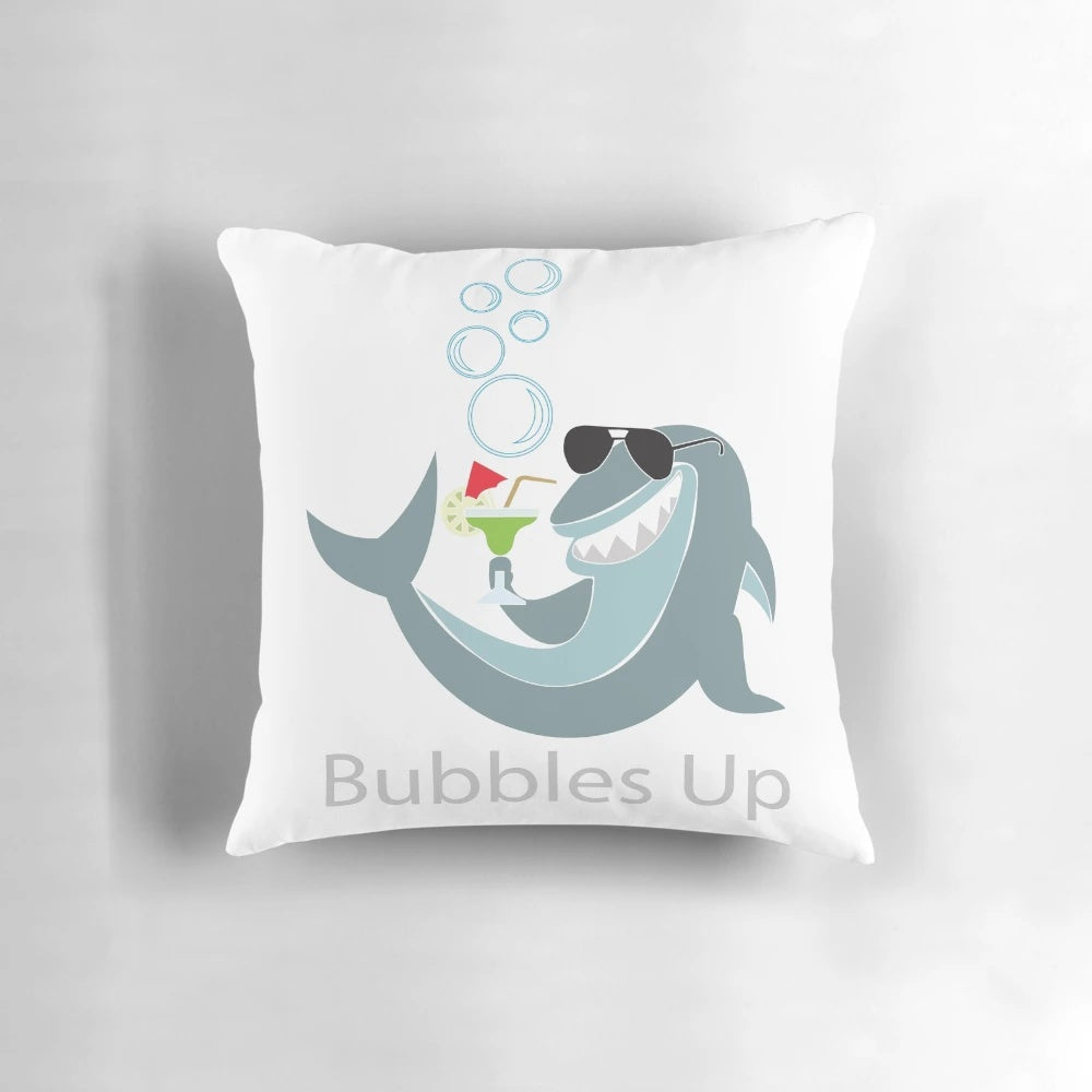 Colorful margarita shark-shaped pillow with tropical motifs