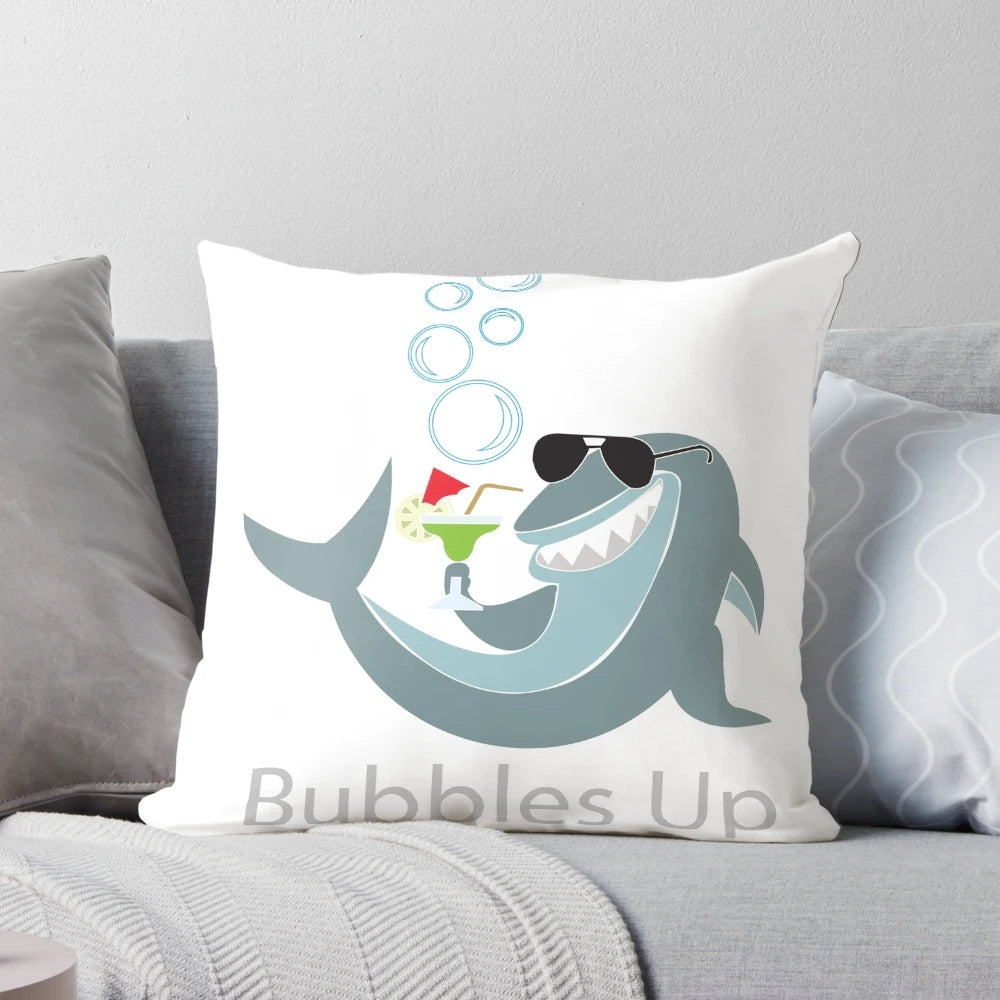 Colorful margarita shark-shaped pillow with tropical motifs