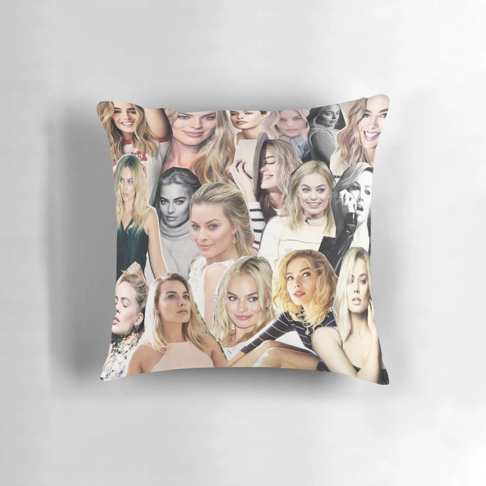 Vibrant collage-style portrait of actress Margot Robbie, printed on a soft, custom pillow.