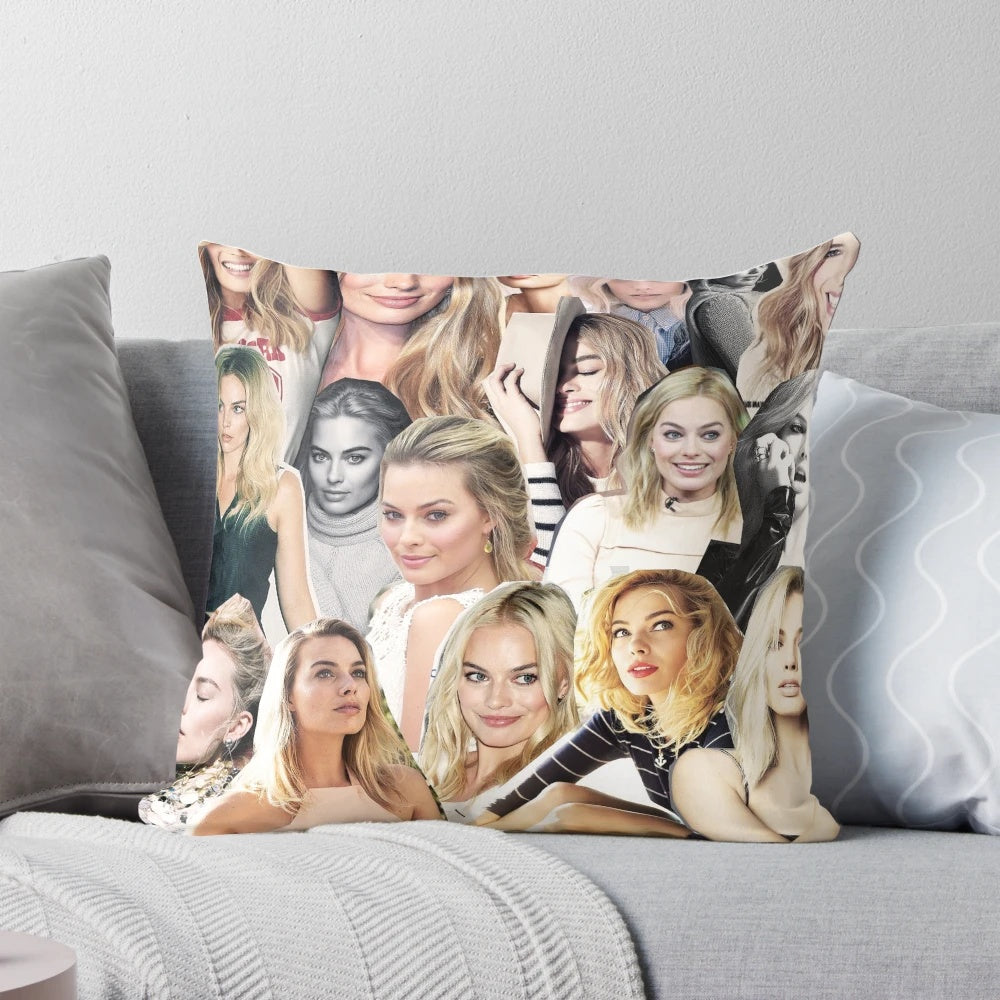 Vibrant collage-style portrait of actress Margot Robbie, printed on a soft, custom pillow.