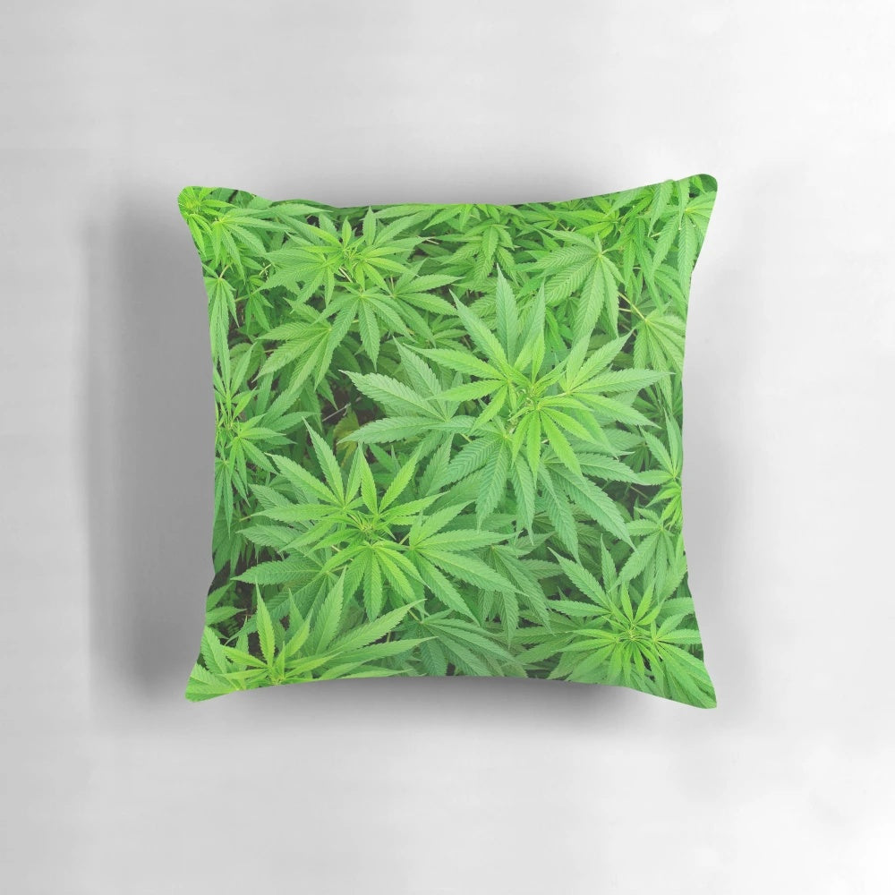 Decorative pillow featuring marijuana cannabis weed plants design for medical marijuana and cannabis enthusiasts.