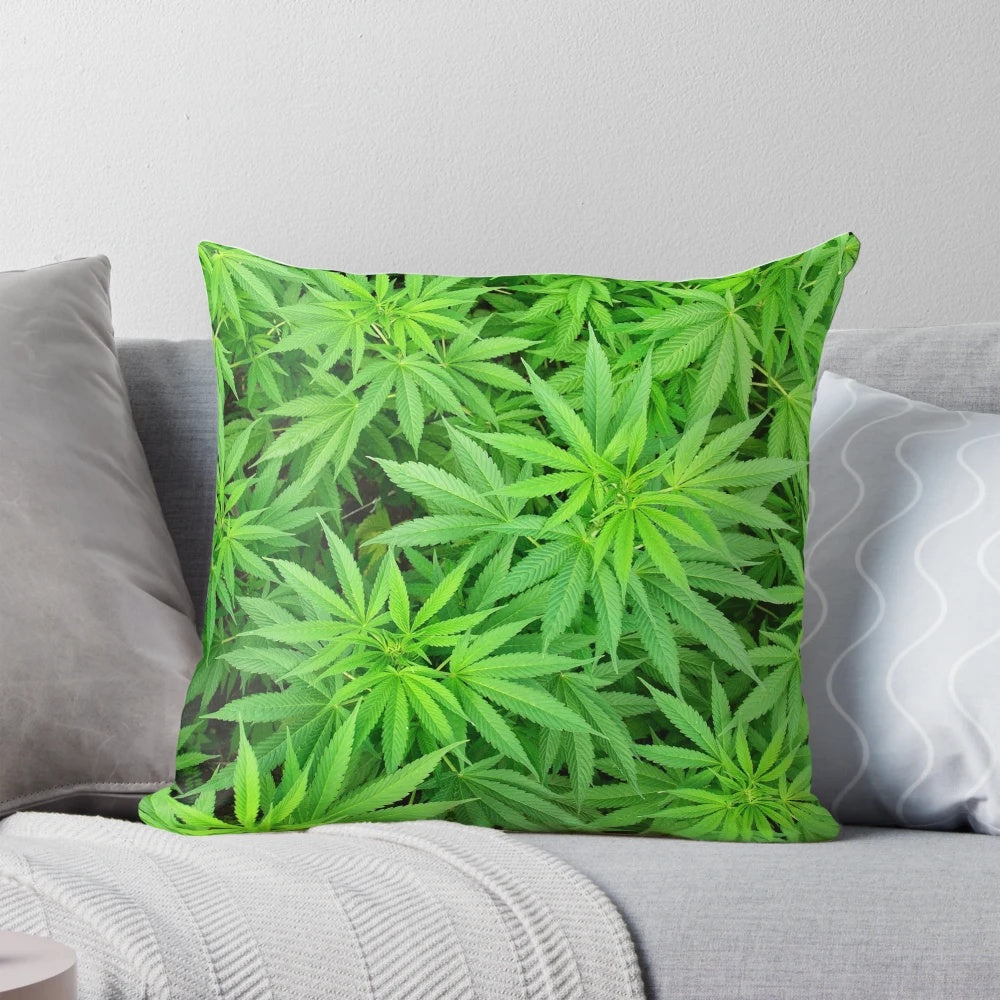 Decorative pillow featuring marijuana cannabis weed plants design for medical marijuana and cannabis enthusiasts.