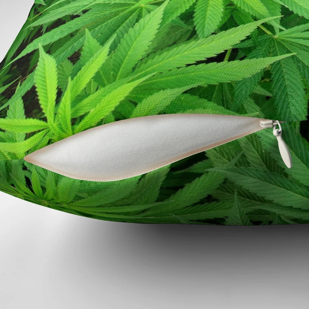Decorative pillow featuring marijuana cannabis weed plants design for medical marijuana and cannabis enthusiasts.