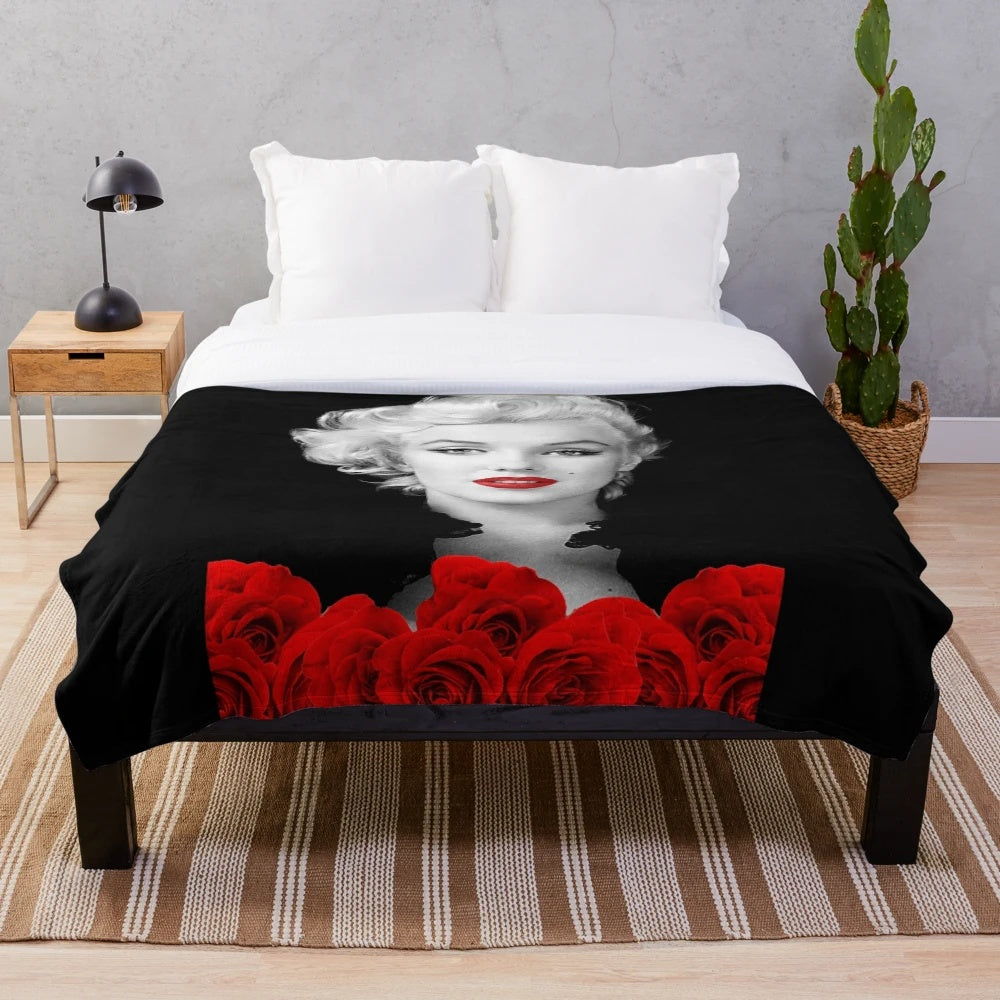 Marilyn Monroe portrait in black and white with red lips and roses
