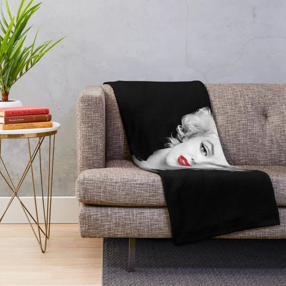 Marilyn Monroe portrait in black and white with red lips and roses