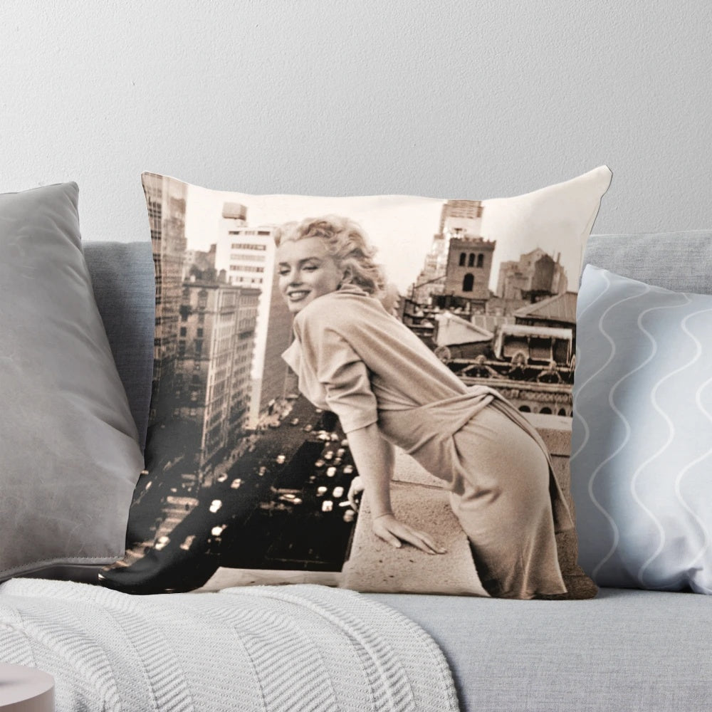 Marilyn Monroe sepia photograph pillow featuring the iconic actress in New York City.