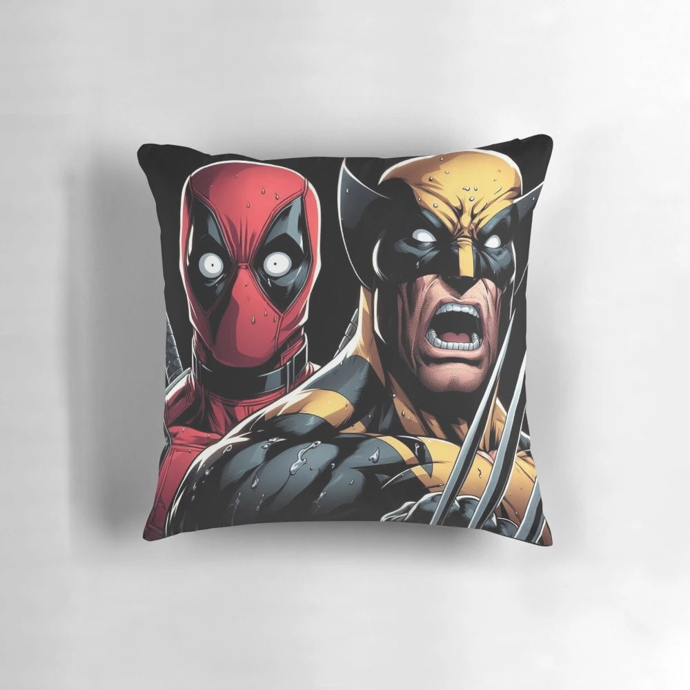 Deadpool and Wolverine fighting on a comfortable pillow