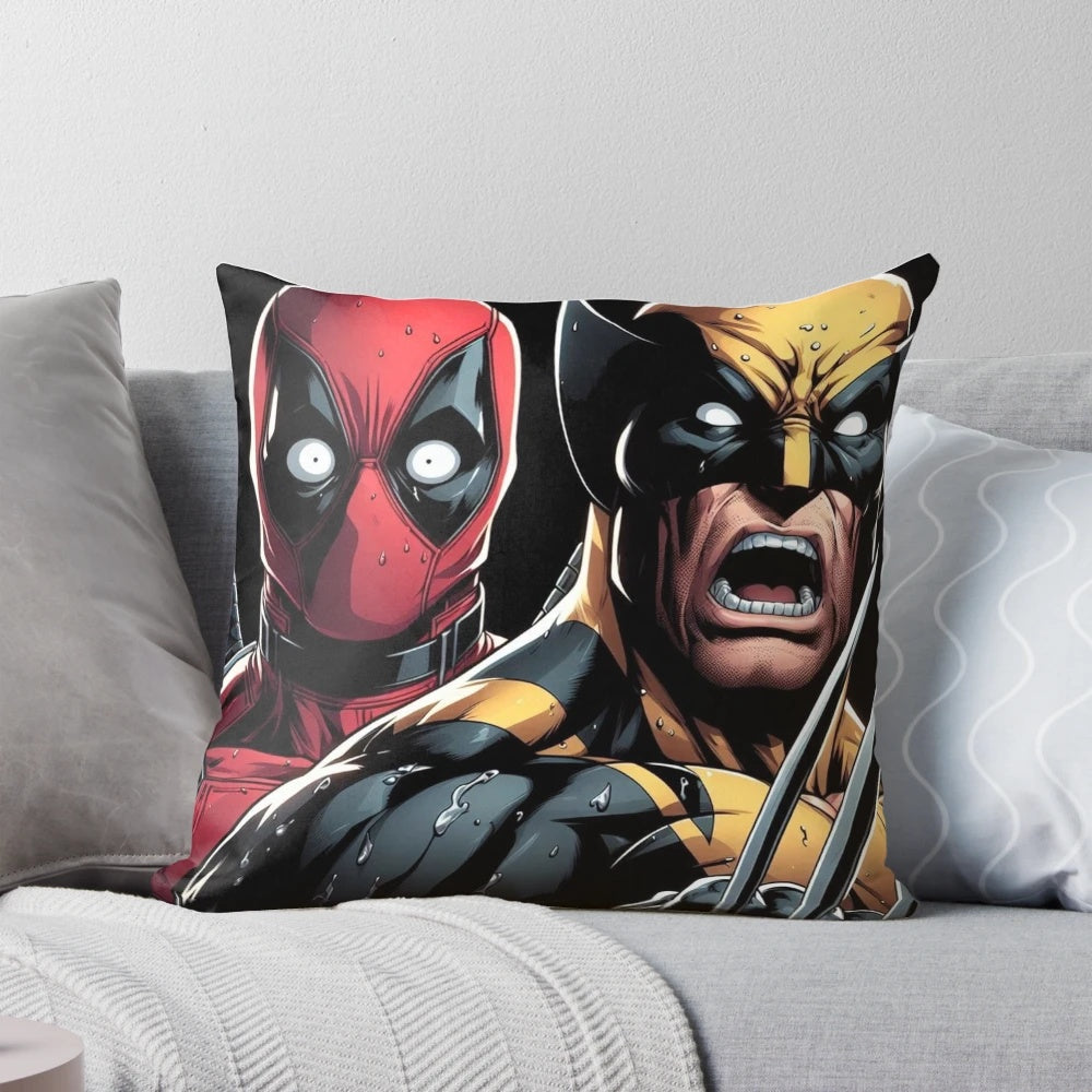 Deadpool and Wolverine fighting on a comfortable pillow