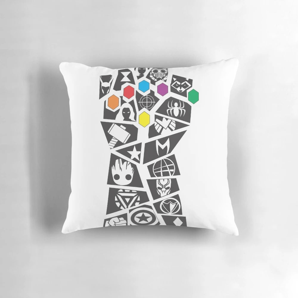 A plush, high-quality pillow designed in the shape of the iconic Infinity Gauntlet from the Marvel Cinematic Universe.