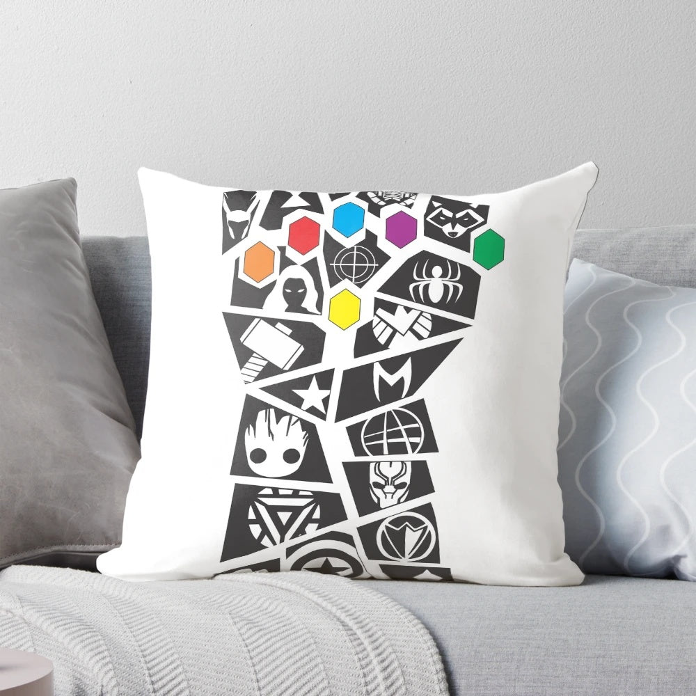 A plush, high-quality pillow designed in the shape of the iconic Infinity Gauntlet from the Marvel Cinematic Universe.