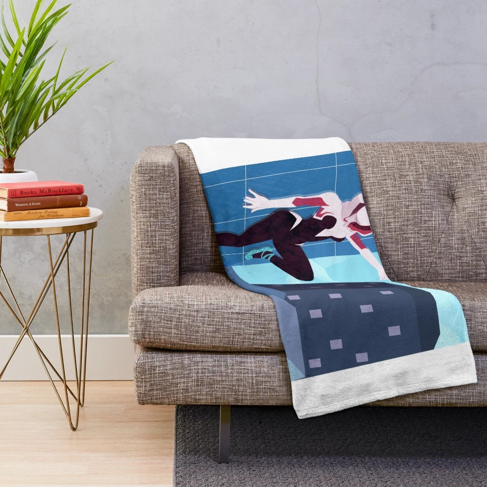 Spider-Gwen inspired plush blanket featuring the superhero girl in pink and blue colors with web design