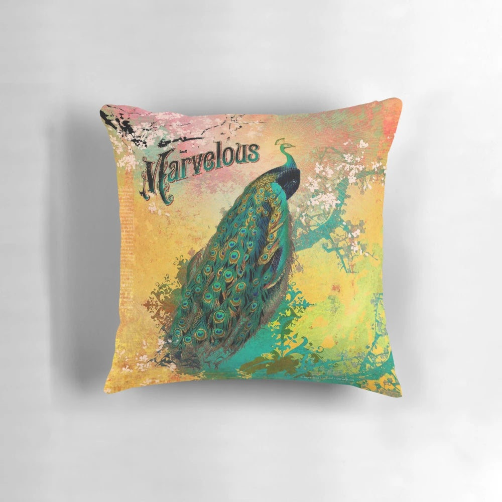 Marvelous decorative pillow with vibrant peacock-inspired floral design