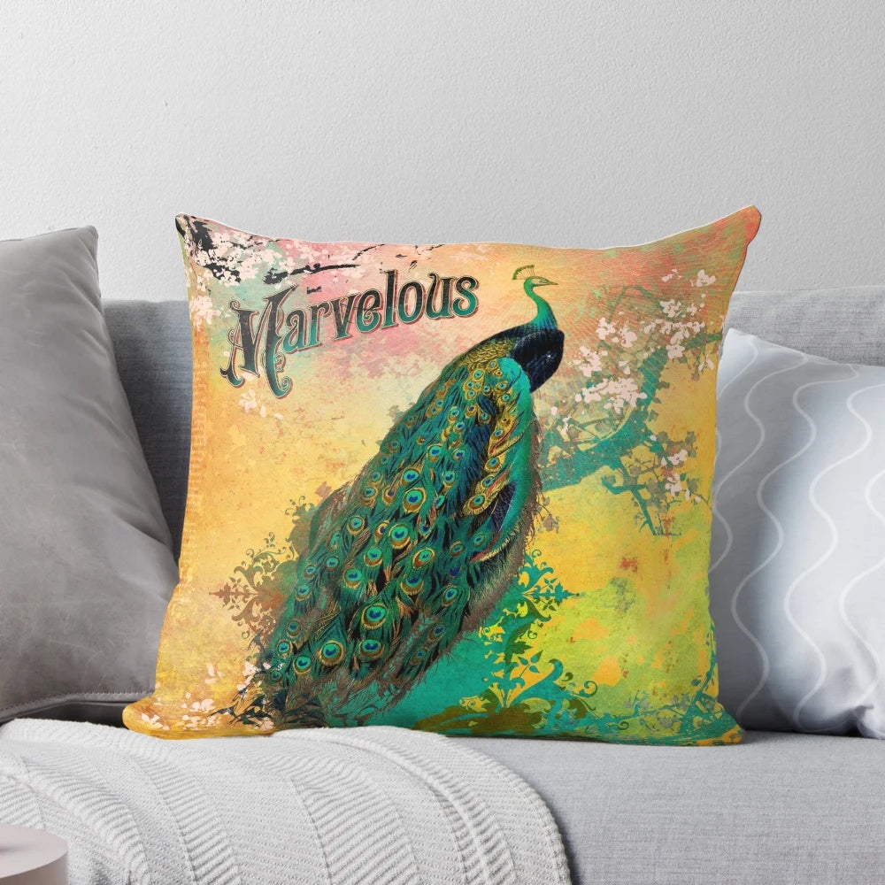 Marvelous decorative pillow with vibrant peacock-inspired floral design