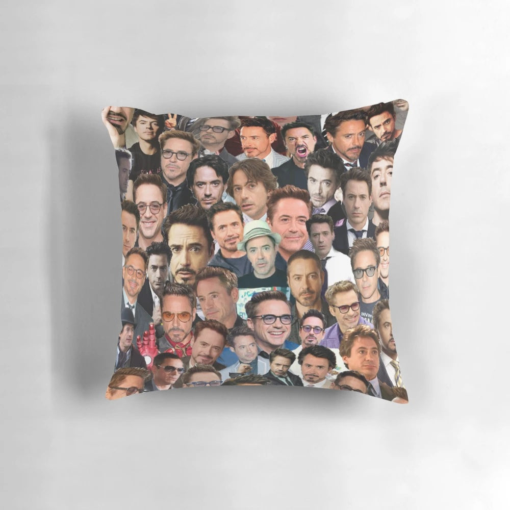 High-quality collage print of Robert Downey Jr. as Iron Man on a soft, comfortable pillow.