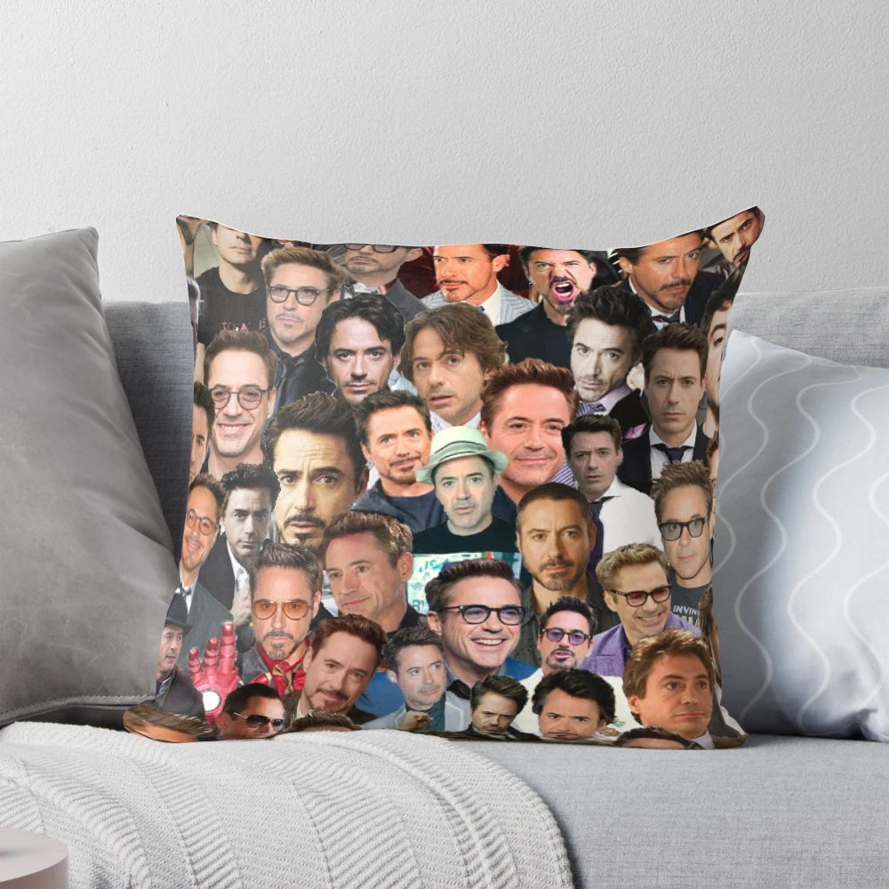 High-quality collage print of Robert Downey Jr. as Iron Man on a soft, comfortable pillow.