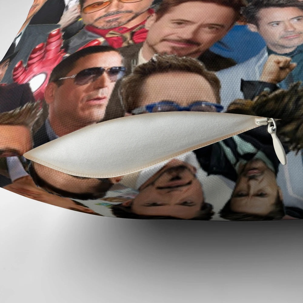 High-quality collage print of Robert Downey Jr. as Iron Man on a soft, comfortable pillow.