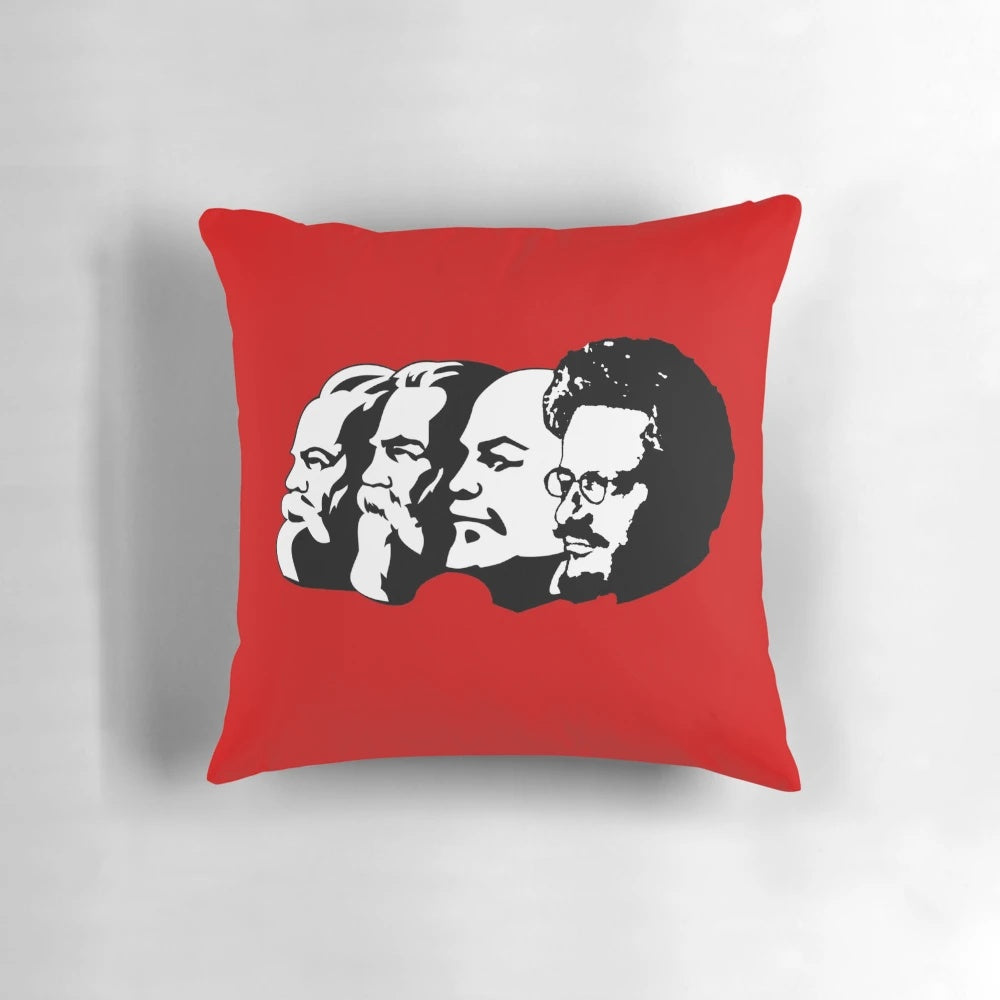 A throw pillow featuring portraits of Marx, Engels, Lenin, and Trotsky, key figures in Marxist and communist ideology.