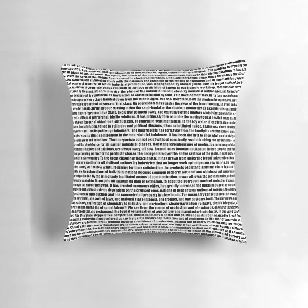 Decorative Pillow Featuring the Communist Manifesto Text