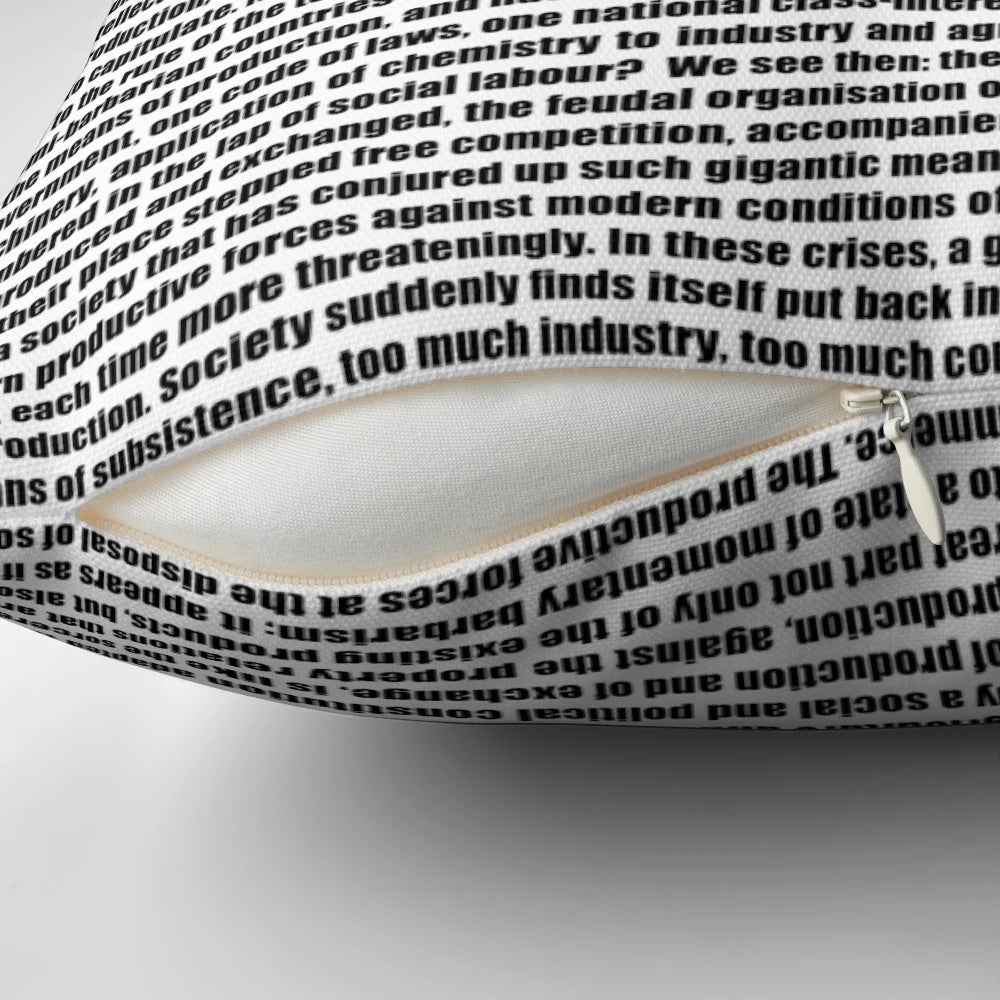 Decorative Pillow Featuring the Communist Manifesto Text