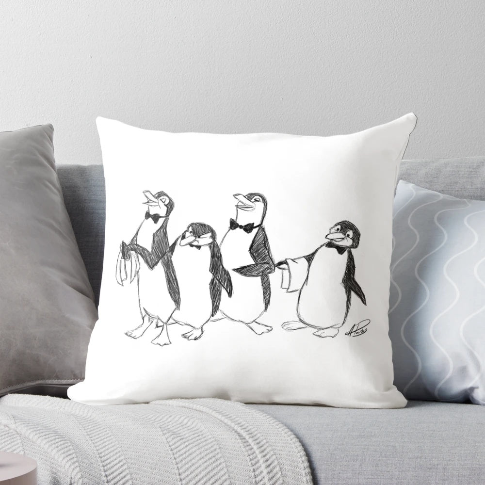 "Mary Poppins themed cartoon penguin sketch decorative throw pillow"