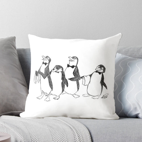 "Mary Poppins themed cartoon penguin sketch decorative throw pillow"
