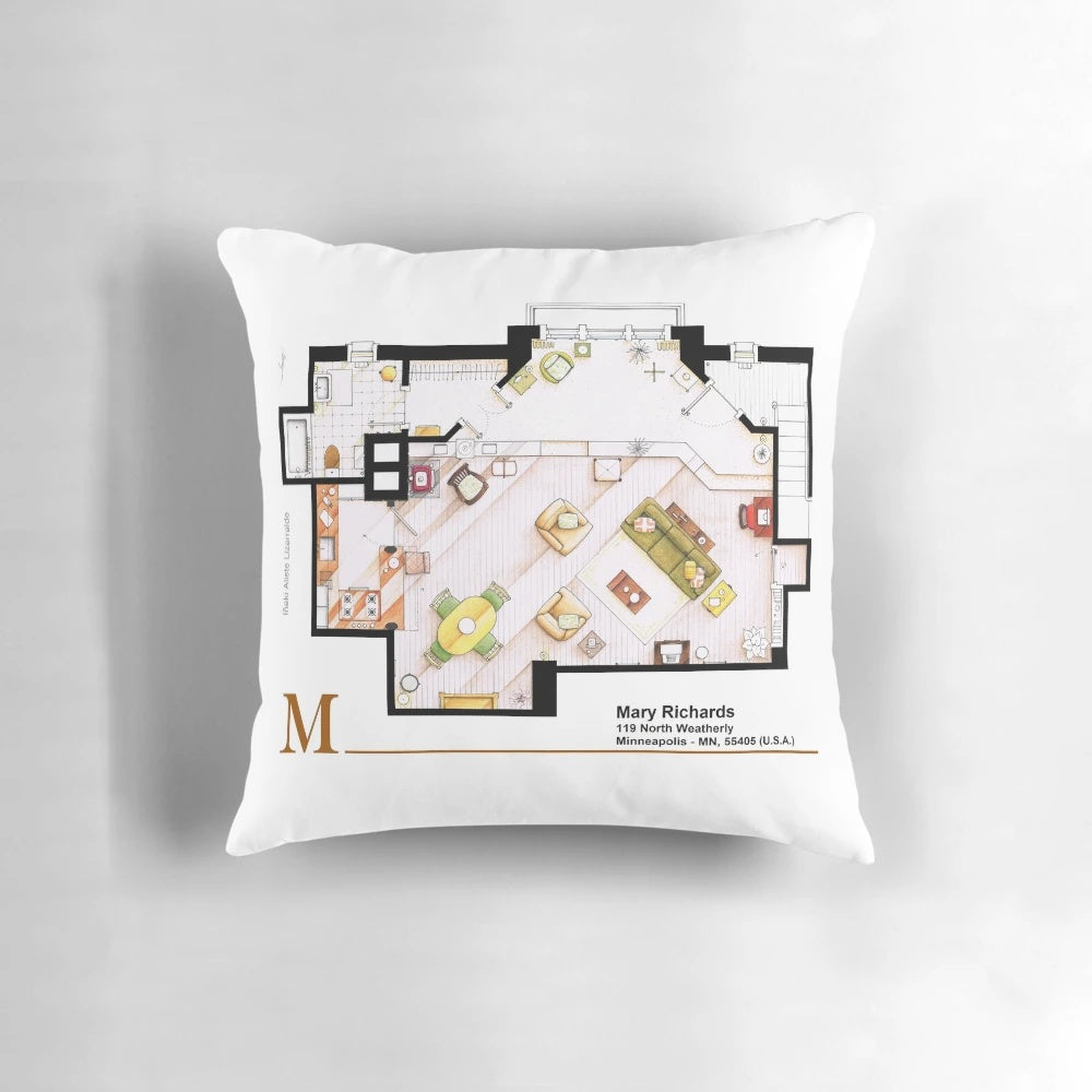 Mary Tyler Moore Show inspired pillow featuring the layout of Mary Richards' apartment