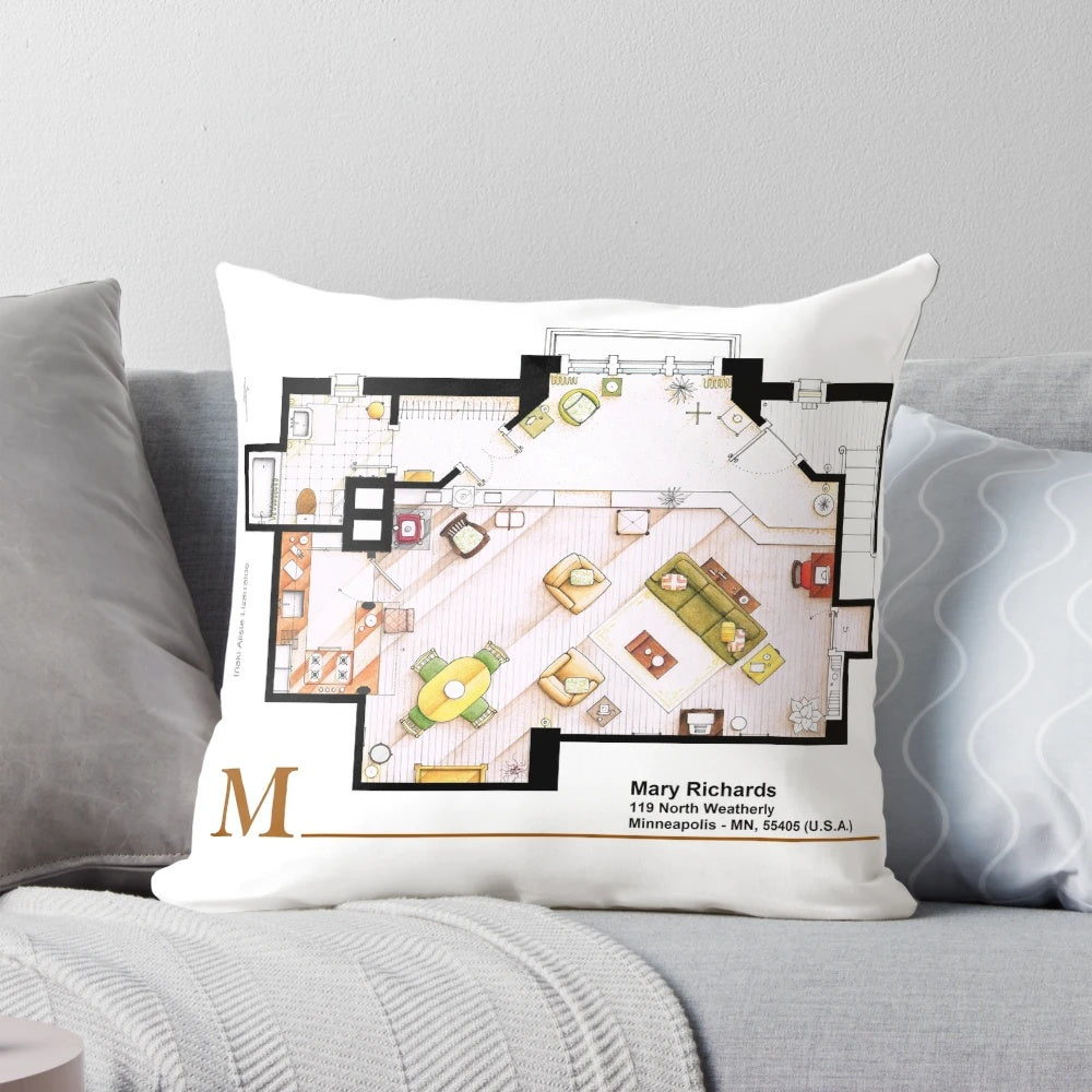 Mary Tyler Moore Show inspired pillow featuring the layout of Mary Richards' apartment