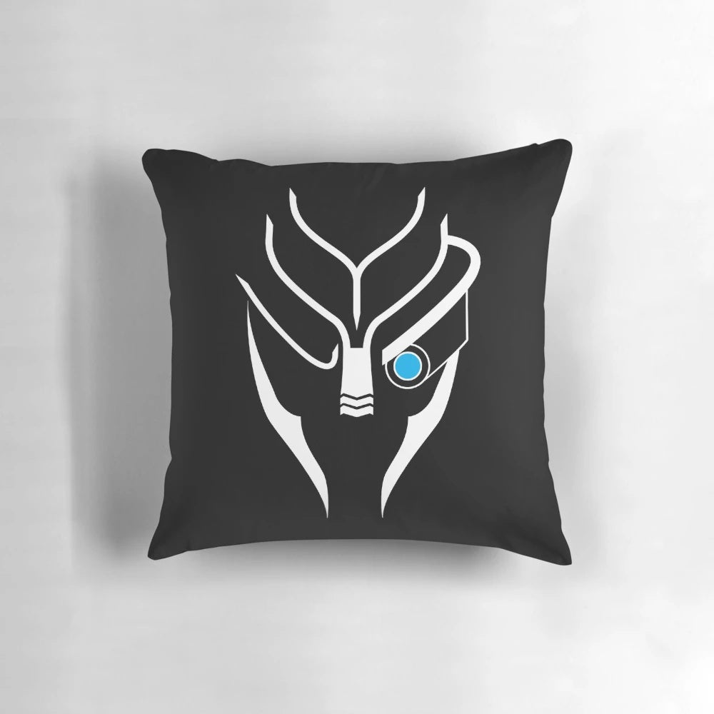 A white pillow with the silhouette of Garrus Vakarian, a popular character from the Mass Effect video game series.