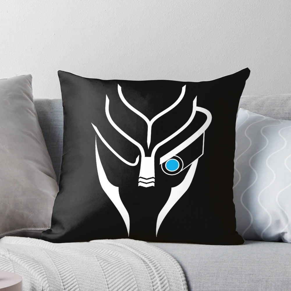 A white pillow with the silhouette of Garrus Vakarian, a popular character from the Mass Effect video game series.