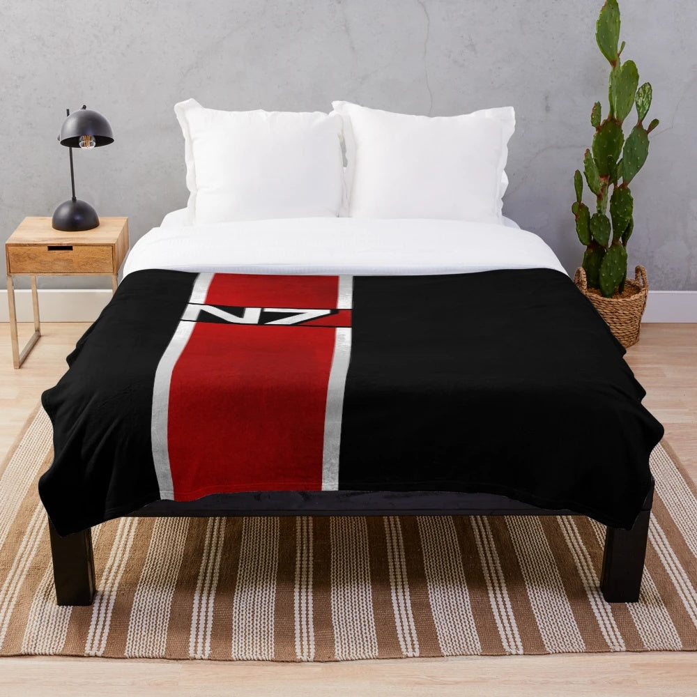Mass Effect-inspired vertical N7 plush blanket with Commander Shepard design