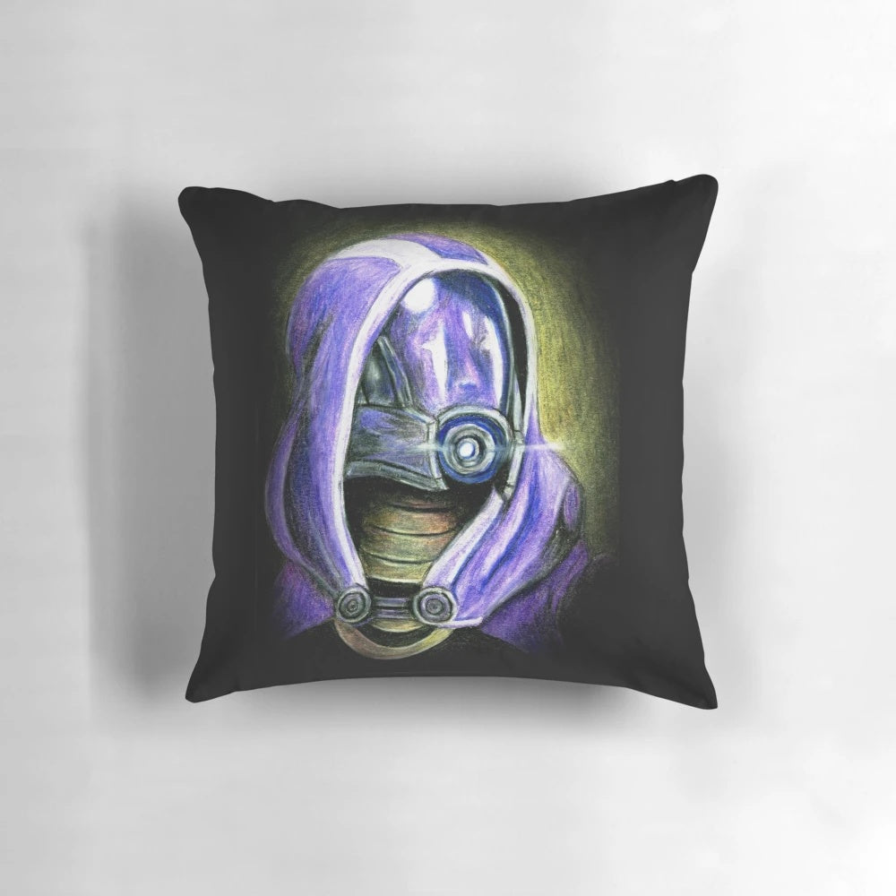 Vibrant colored pencil art of Tali'Zorah, a beloved Mass Effect video game character, featured on a soft, comfortable throw pillow.