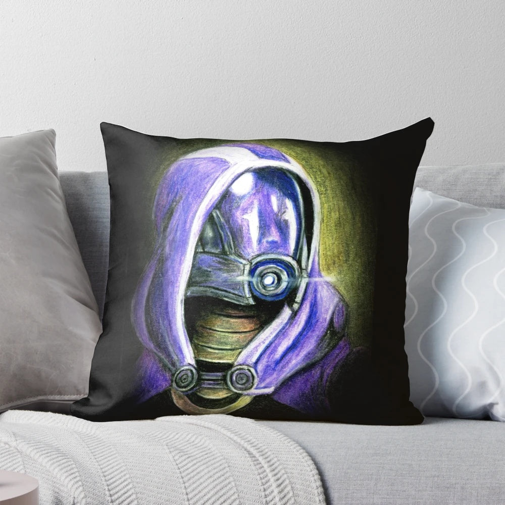 Vibrant colored pencil art of Tali'Zorah, a beloved Mass Effect video game character, featured on a soft, comfortable throw pillow.