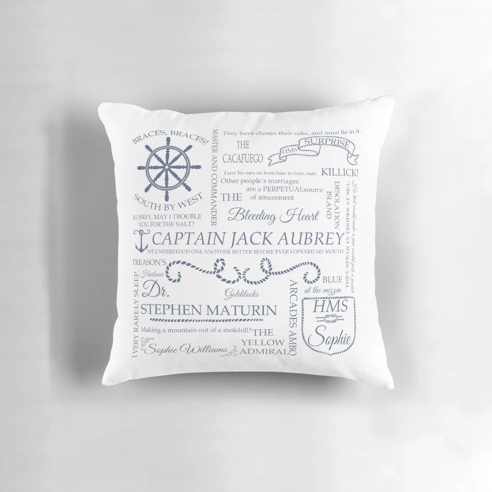 Throw pillow featuring Aubrey typography inspired by the historical novel Master and Commander