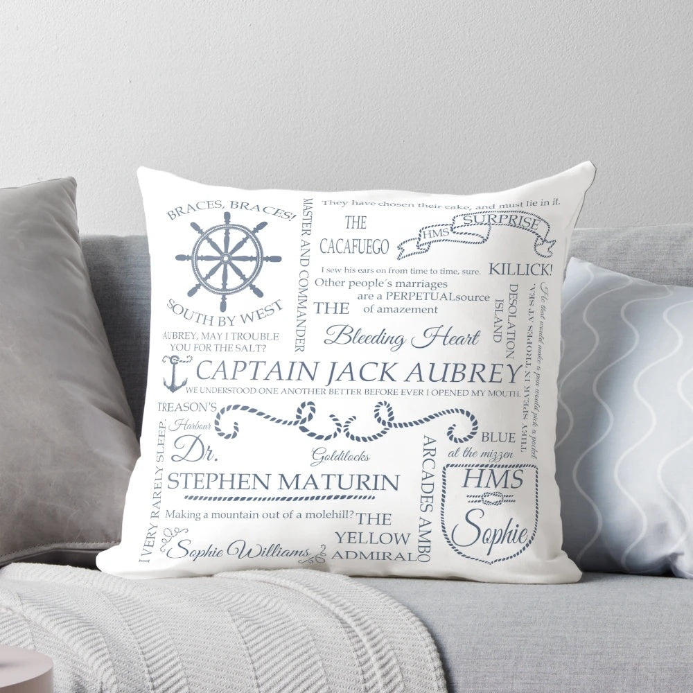Throw pillow featuring Aubrey typography inspired by the historical novel Master and Commander