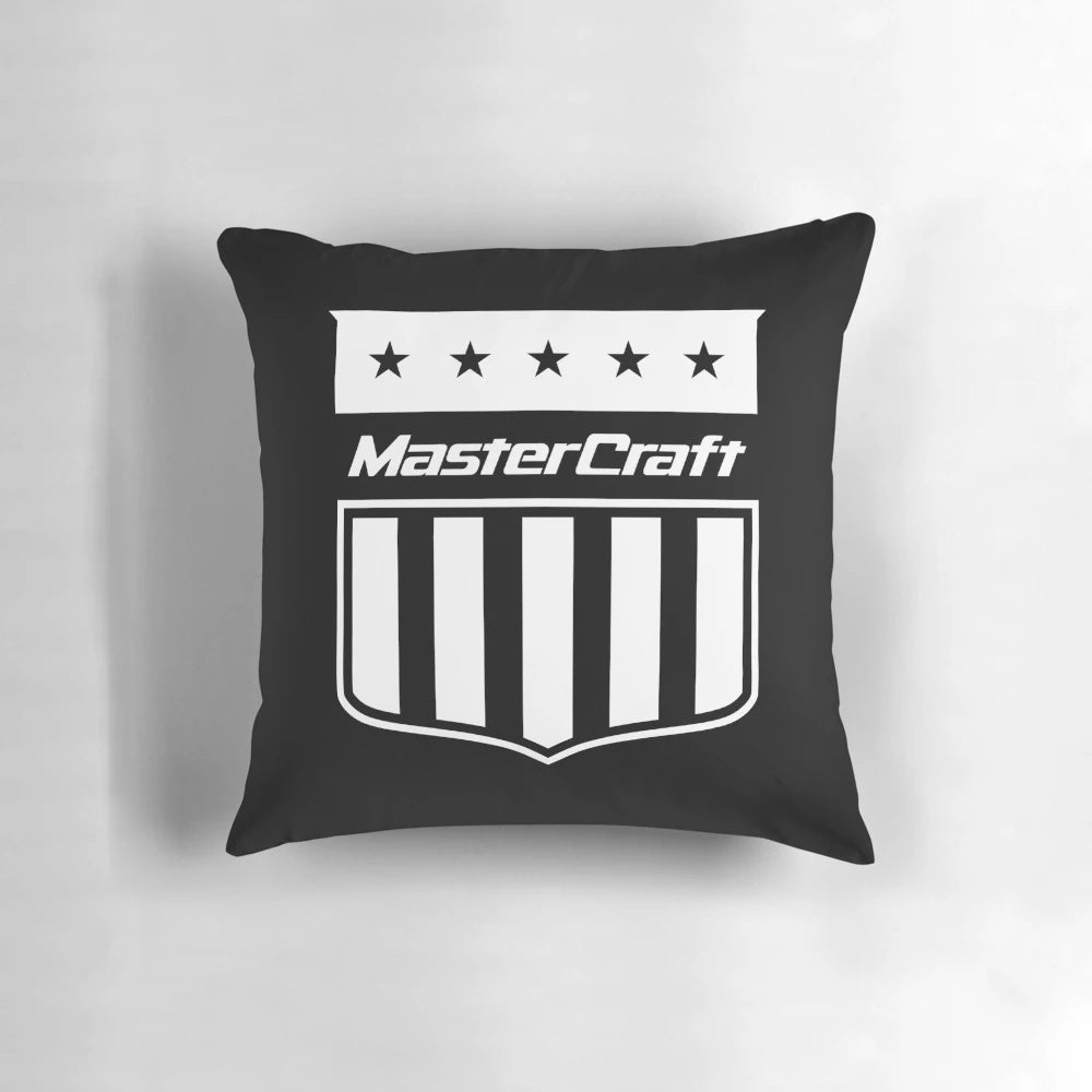 Mastercraft logo printed on a plush, high-quality pillow for boating and marine enthusiasts.