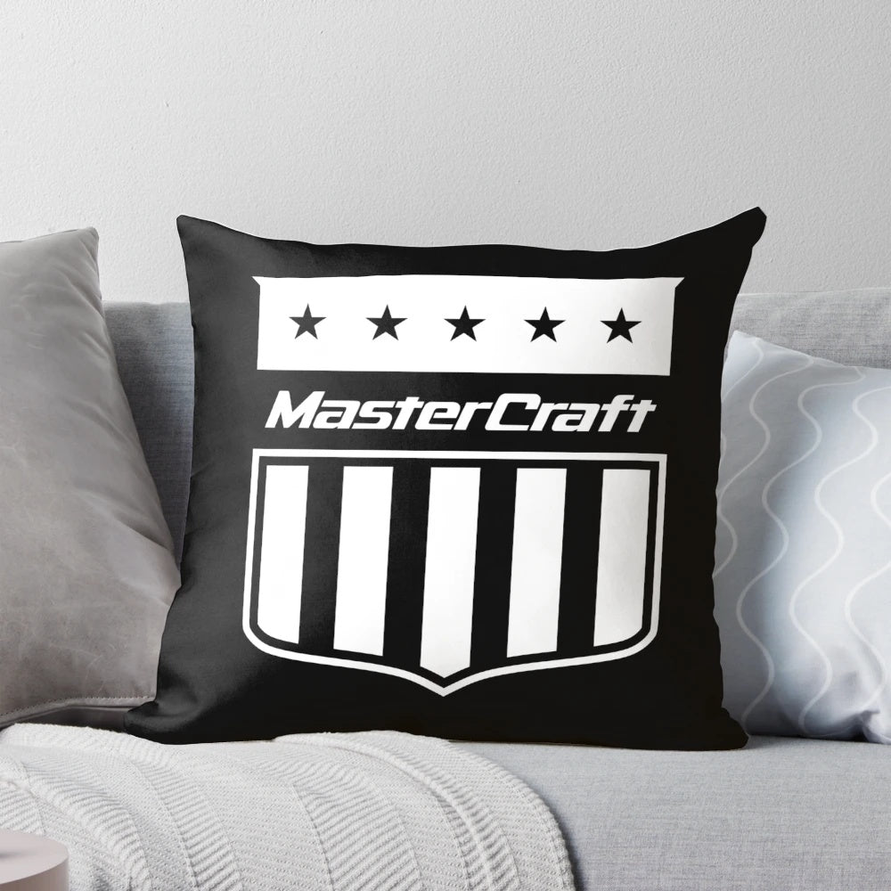 Mastercraft logo printed on a plush, high-quality pillow for boating and marine enthusiasts.