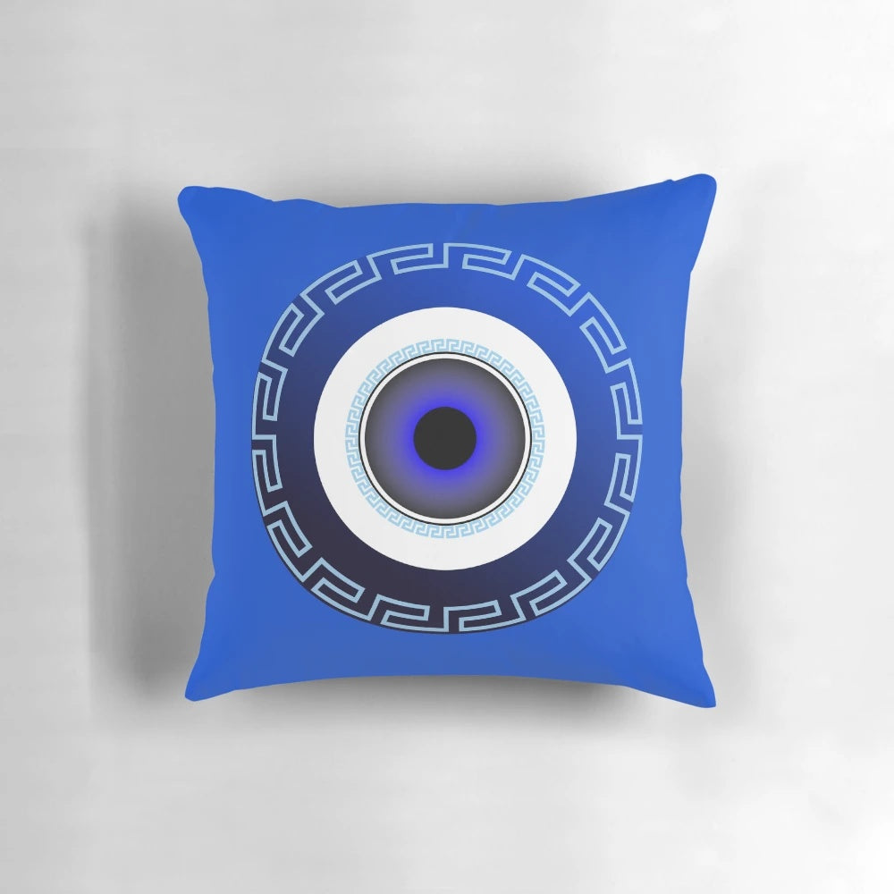 Mati Evil Eye Light Blue Greek Key Decorative Pillow