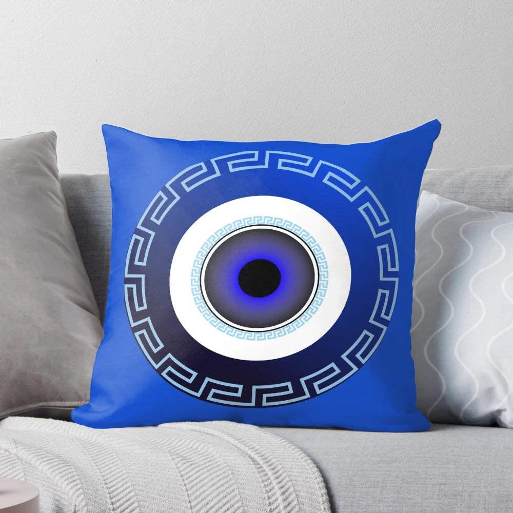 Mati Evil Eye Light Blue Greek Key Decorative Pillow