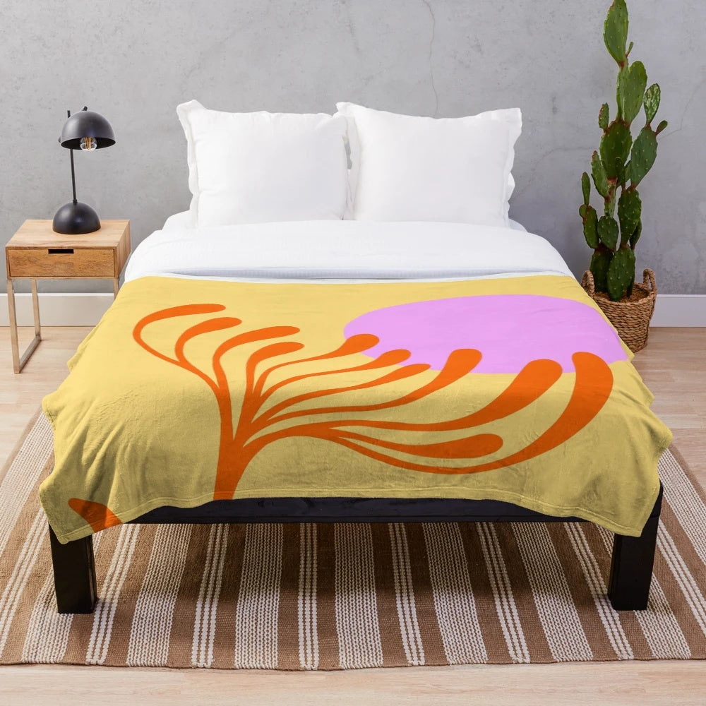 Matisse-inspired abstract pink and orange leaf floral design plush blanket