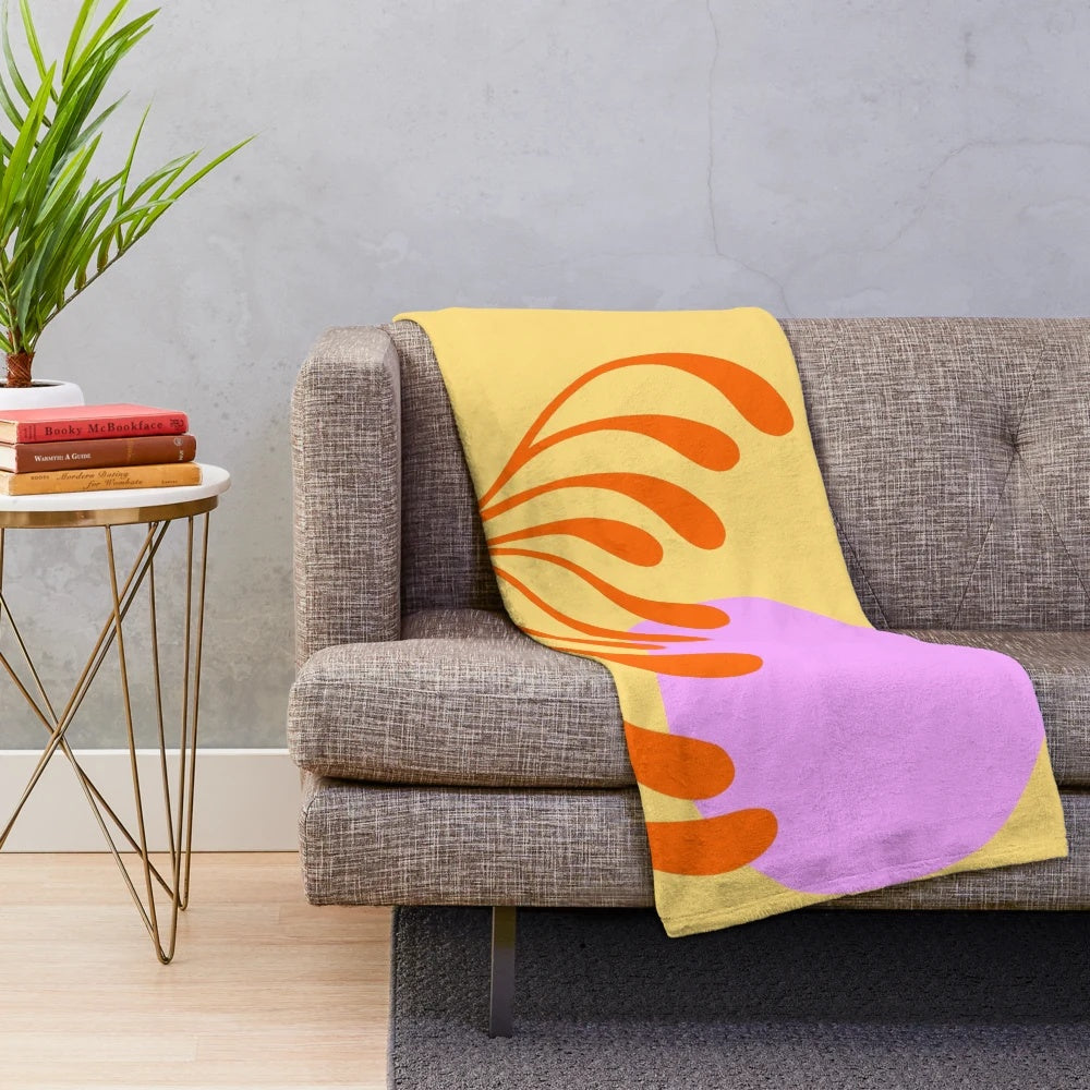 Matisse-inspired abstract pink and orange leaf floral design plush blanket