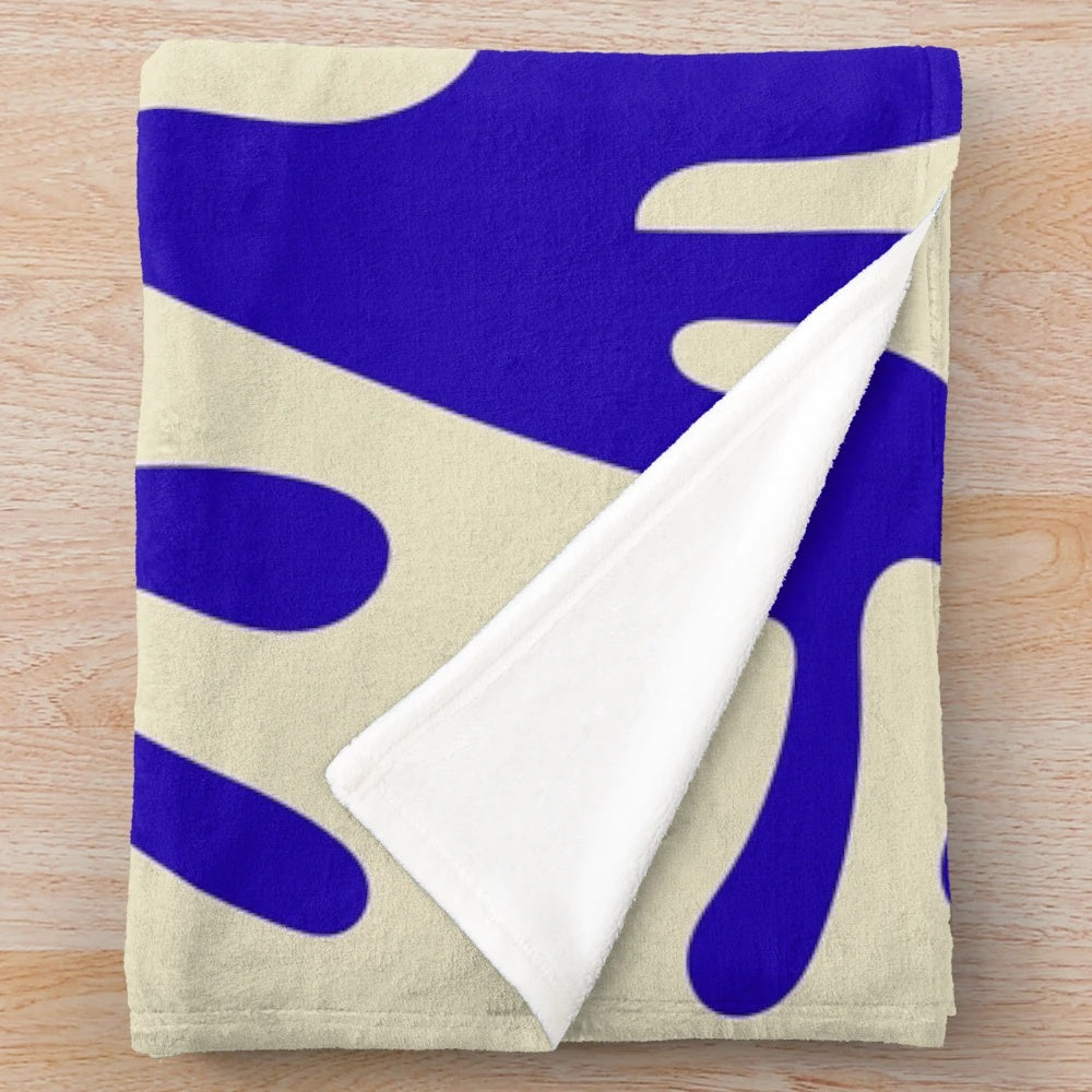 Classic blue plush blanket with Matisse-inspired abstract pattern