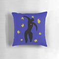 Matisse-style abstract paper collage design on a throw pillow in blue and white