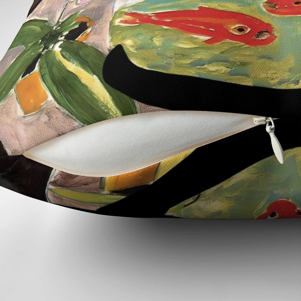 Colorful decorative pillow featuring Matisse's famous painting of goldfish and a mischievous black cat