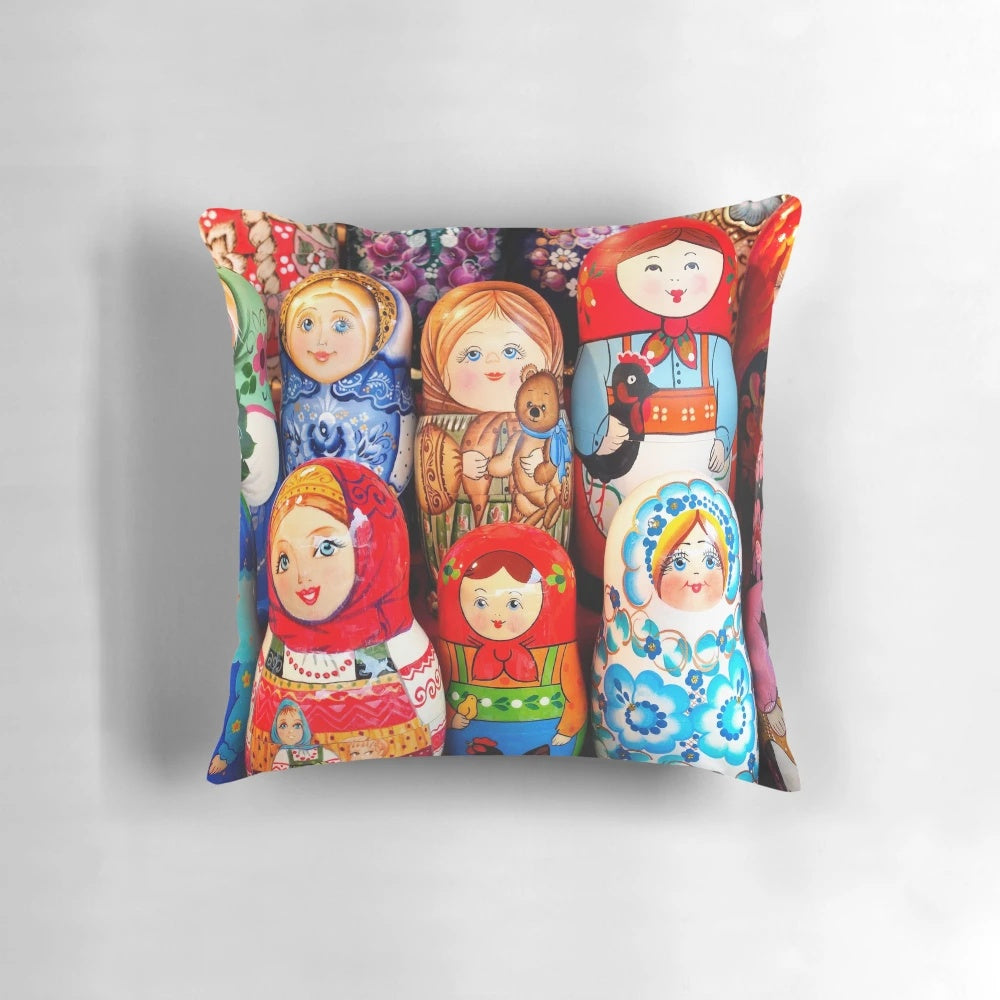 Vibrant Matrioska pillow featuring a colorful matryoshka doll portrait