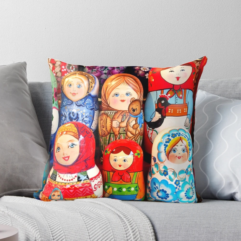 Vibrant Matrioska pillow featuring a colorful matryoshka doll portrait