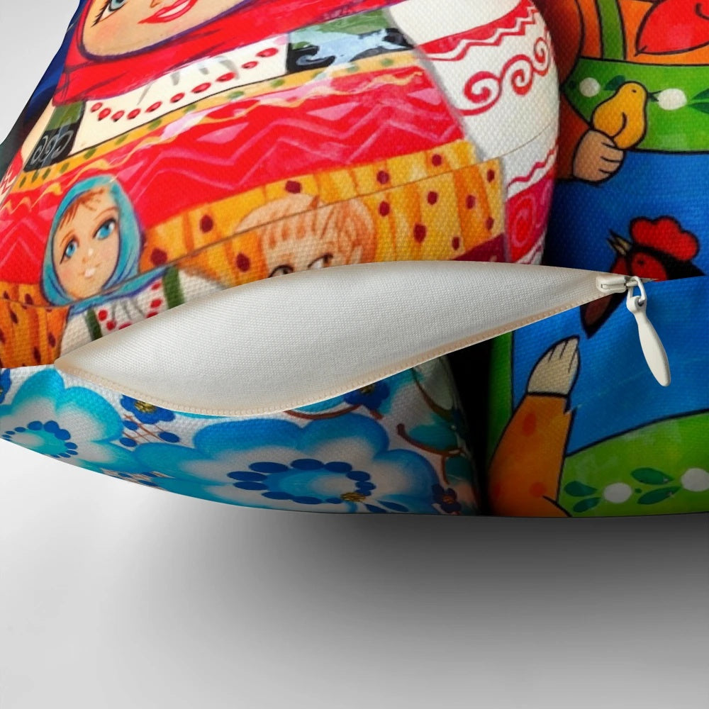 Vibrant Matrioska pillow featuring a colorful matryoshka doll portrait