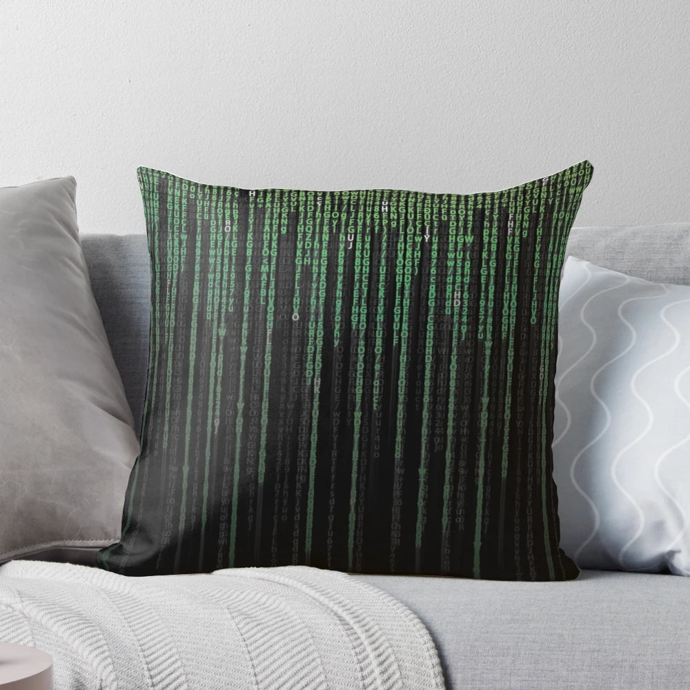 Matrix code-inspired pillow design with cyberpunk and sci-fi elements