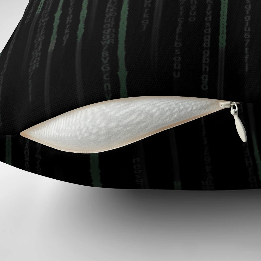 Matrix code-inspired pillow design with cyberpunk and sci-fi elements