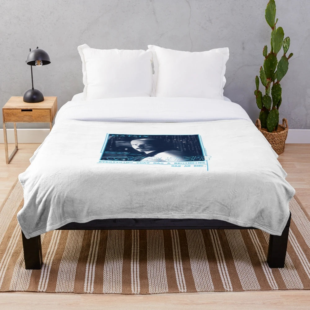 Matrix-inspired plush blanket featuring a glitchy portrait of Cypher from the sci-fi movie The Matrix